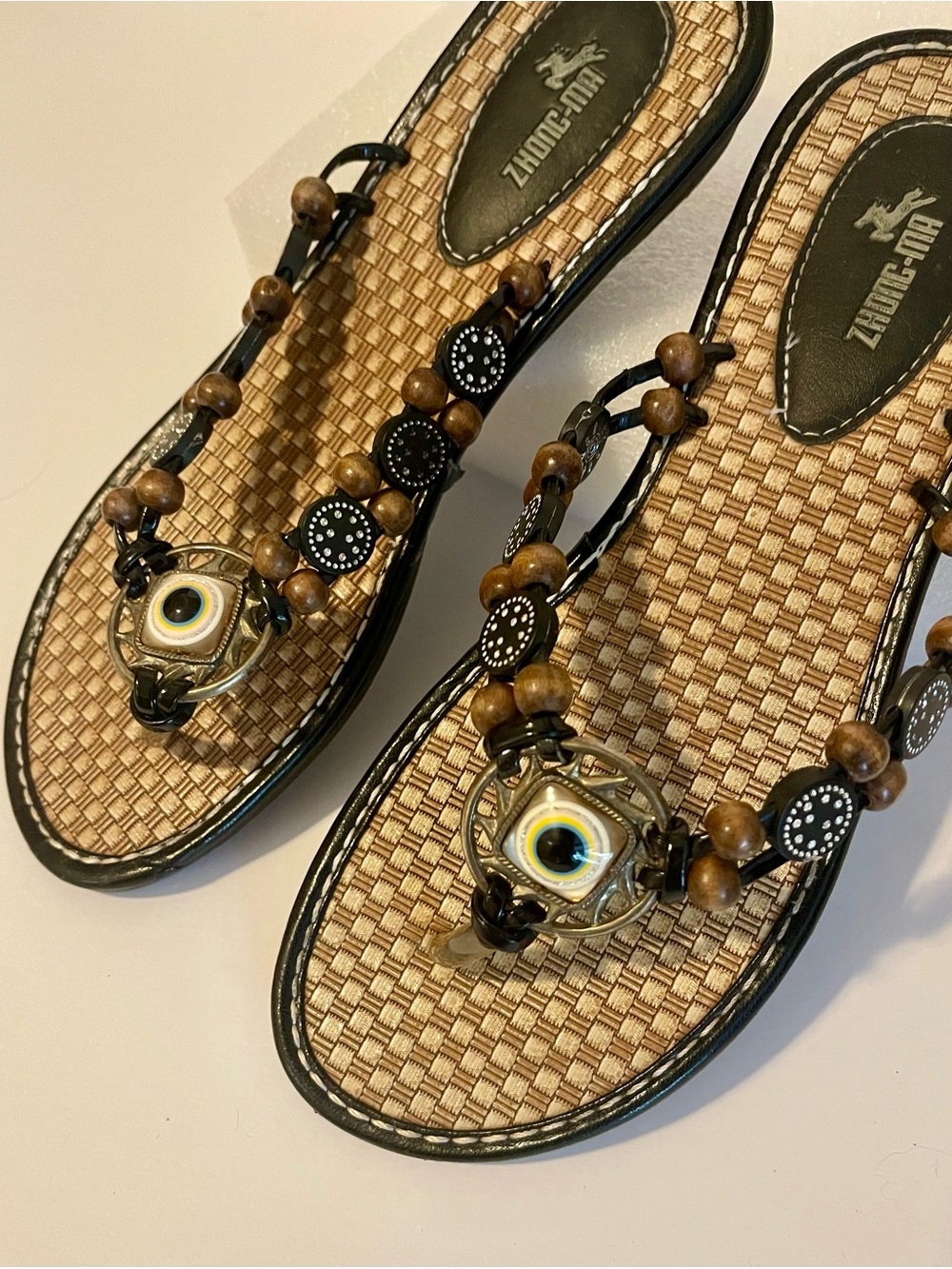 Beaded Brown and Tan Thong Sandals with Eye Accent